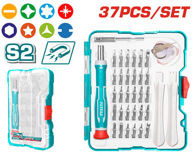 Total TACSD30376 screwdriver handle and assorted bits arranged in a storage case