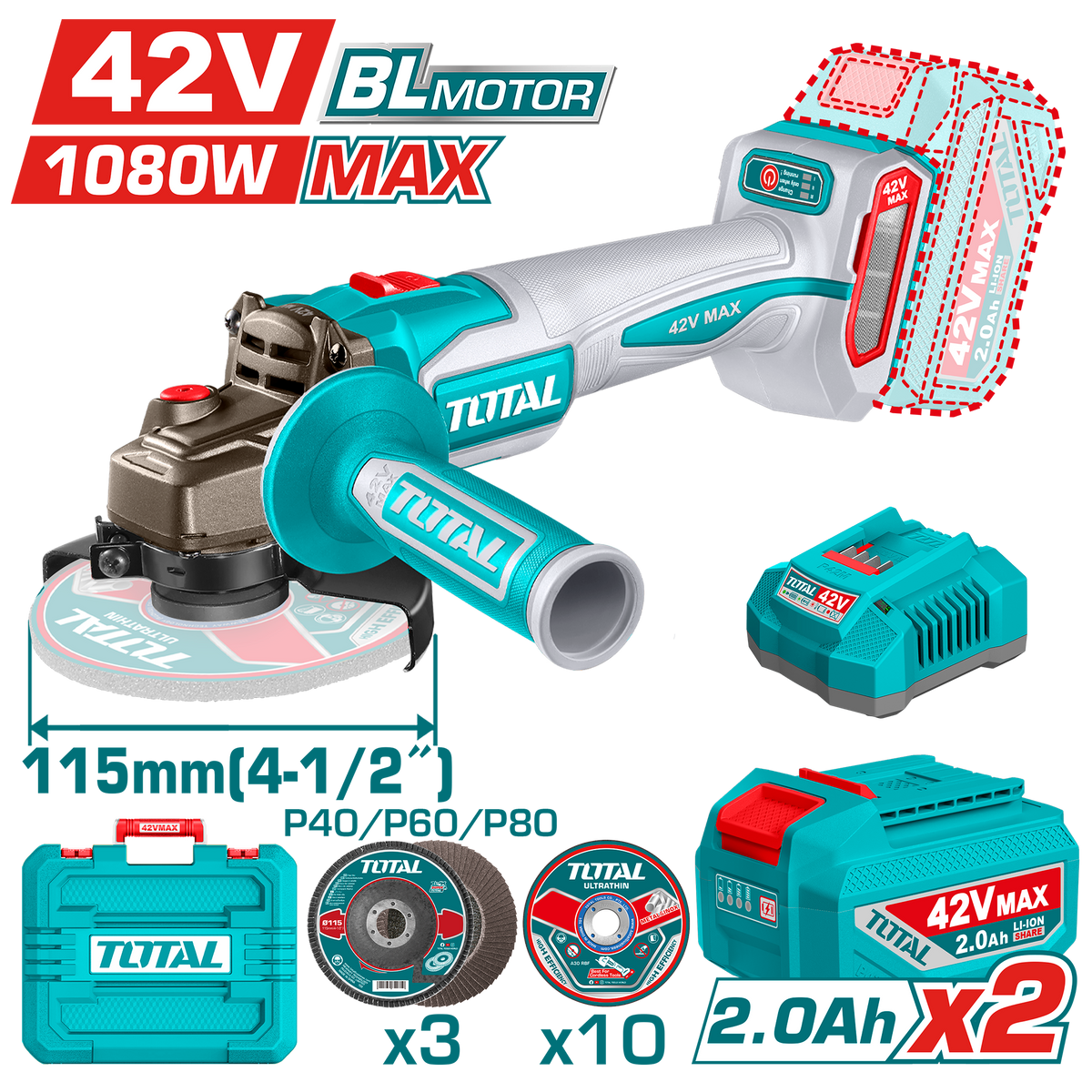 Total TAGLI4108112 42V 115mm Angle Grinder Kit - product view