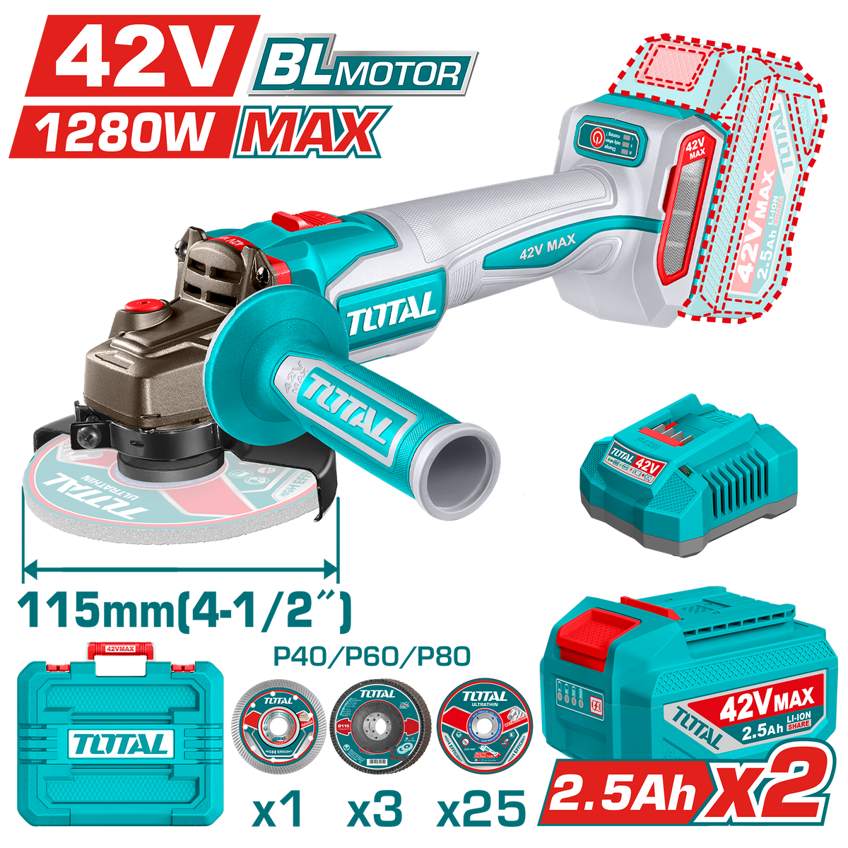 Total TAGLI4128112 42V 115mm Angle Grinder Kit - product view