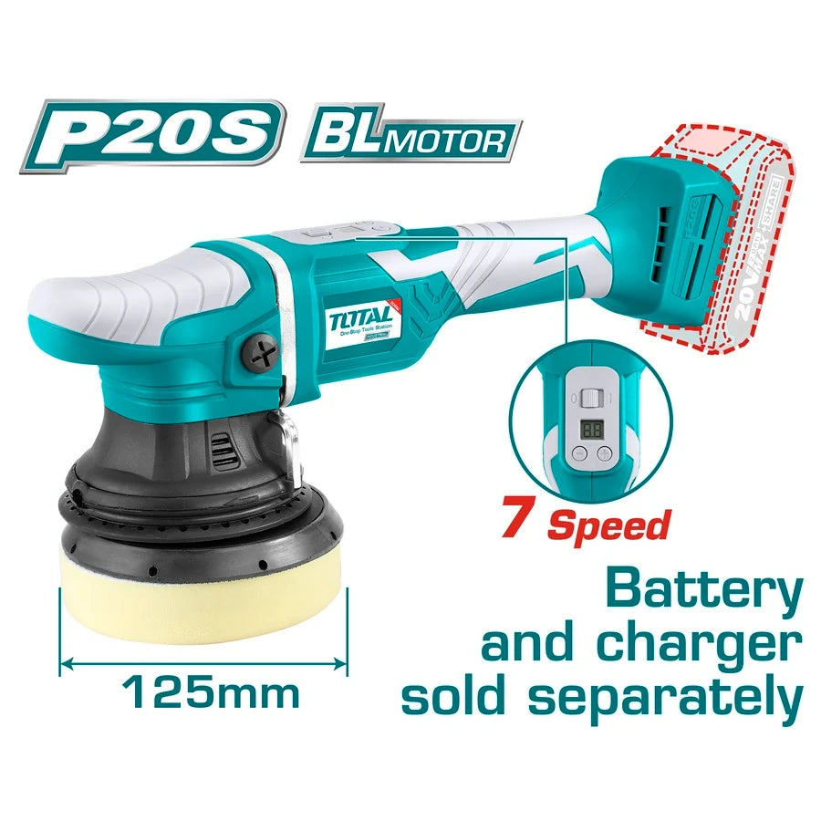 Total TAPLI2002 cordless angle polisher with a 125 mm pad; battery and charger sold separately