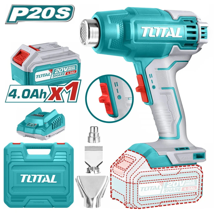 Total TBLI20025 cordless heat gun kit with 4.0Ah battery, charger, case and nozzle attachments