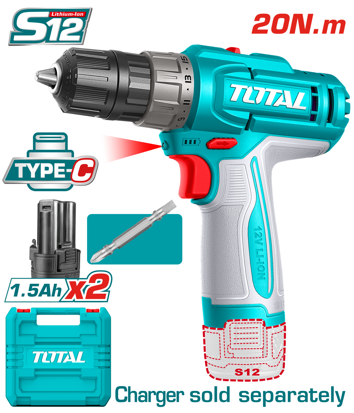 Total TDLI12206 12V Cordless Drill Kit - product view