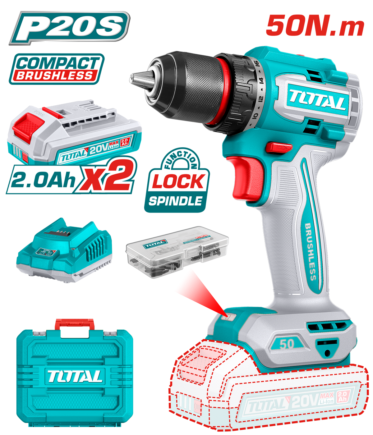 Total TDLI205062 20V Cordless Drill Kit - product view