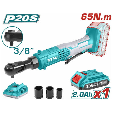 Total TDRLI206015 cordless ratchet shown with battery, charger and socket accessories