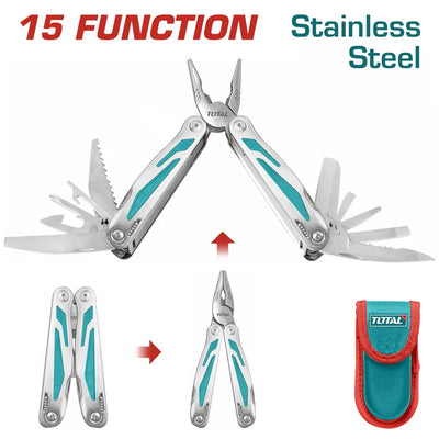 Total TFMFT01151 folding plier multi-tool with utility attachments and storage pouch pictured