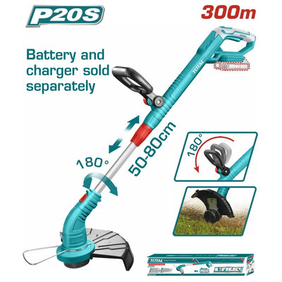 Total TGTLI20018 cordless grass trimmer with adjustable shaft, auxiliary handle and cutting guard