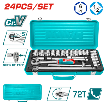 Total THT121242 socket tool set organized with handle and accessories