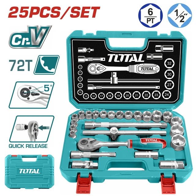 Total THT121251 socket tool set organized with handle and accessories