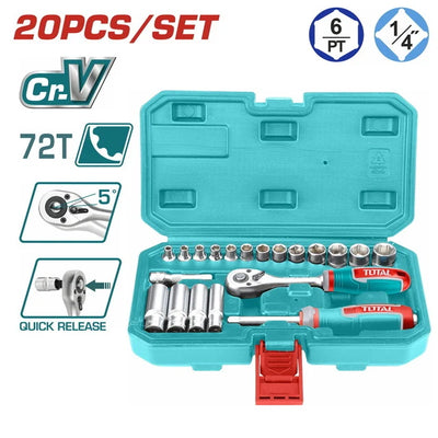 Total THT141201 socket tool set organized with handle and accessories