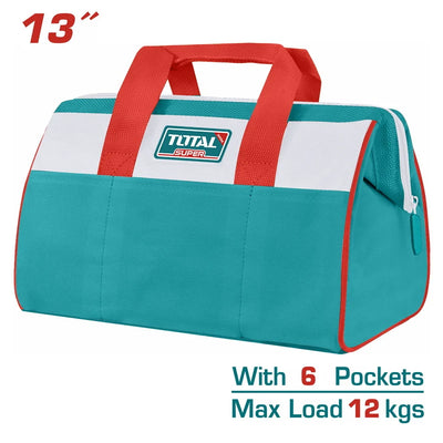 Total THT261325 fabric tool bag with carrying handles and zippered opening
