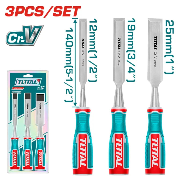 Total THT41K0302 wood chisels with different blade widths and ergonomic handles