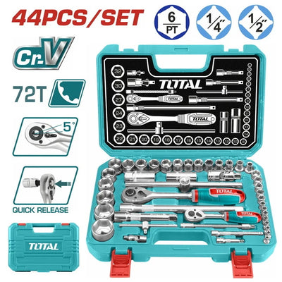 Total THT421441 socket tool set organized with handle and accessories