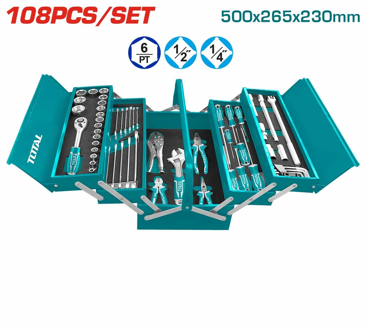 Total THTCS121081 hand tools arranged in an expandable metal toolbox