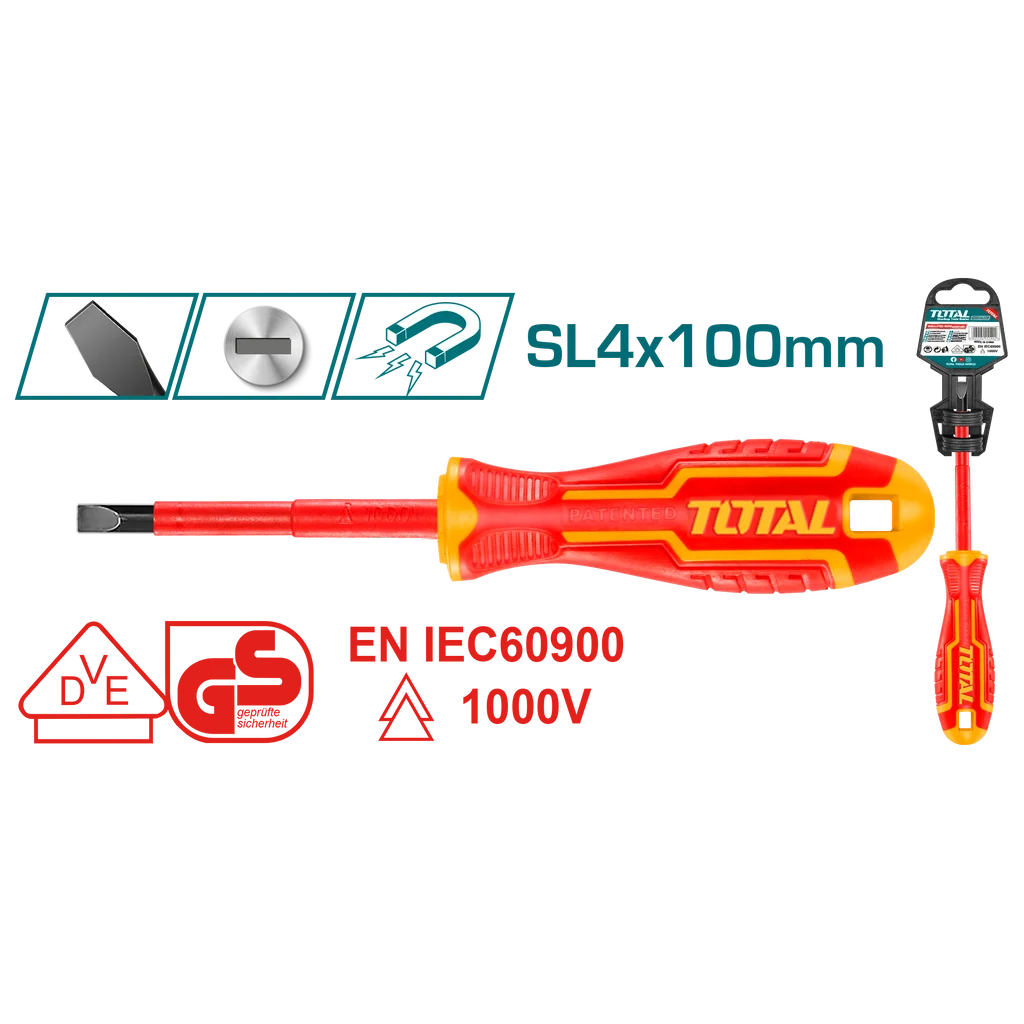 Total THTIS4100 red-and-yellow handled screwdriver with insulated shaft