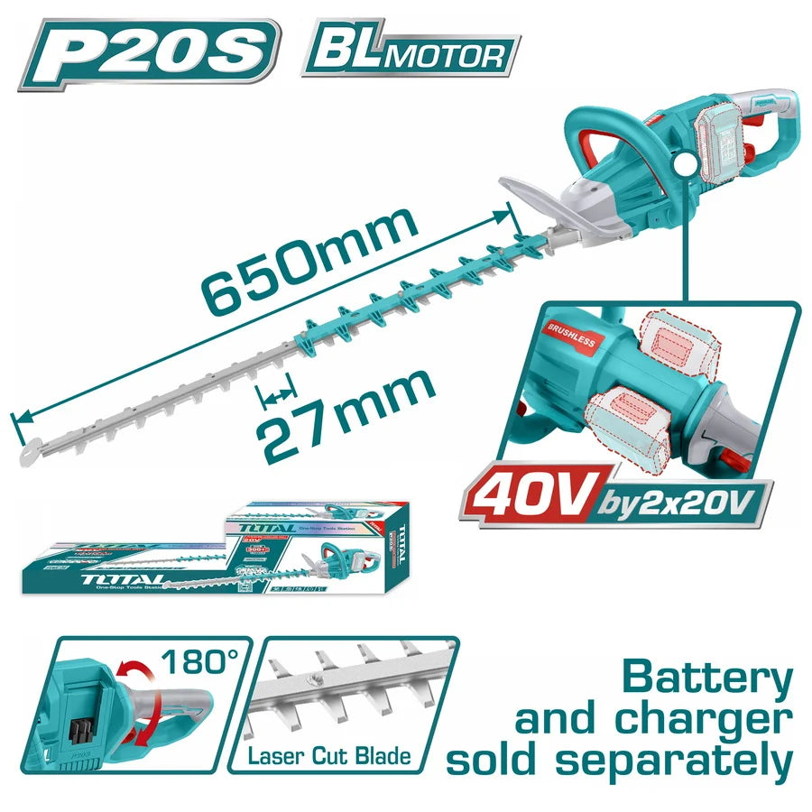 Total THTLI40028 cordless hedge trimmer with 650 mm blade and ergonomic handles