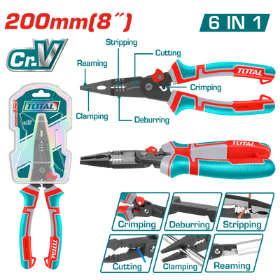 Total THTMF286 multi-function pliers with gripping jaws, integrated cutting features and ergonomic handles