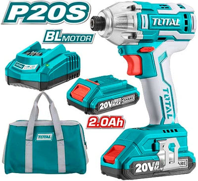 Total TIRLI2002 brushless impact driver shown with two batteries, charger and tool bag