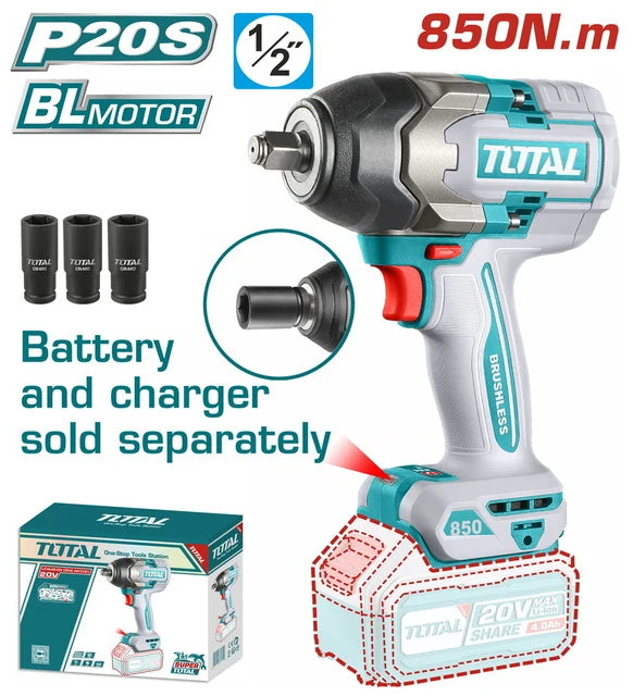 Total TIWLI20851 850Nm impact wrench with socket graphics; battery and charger sold separately