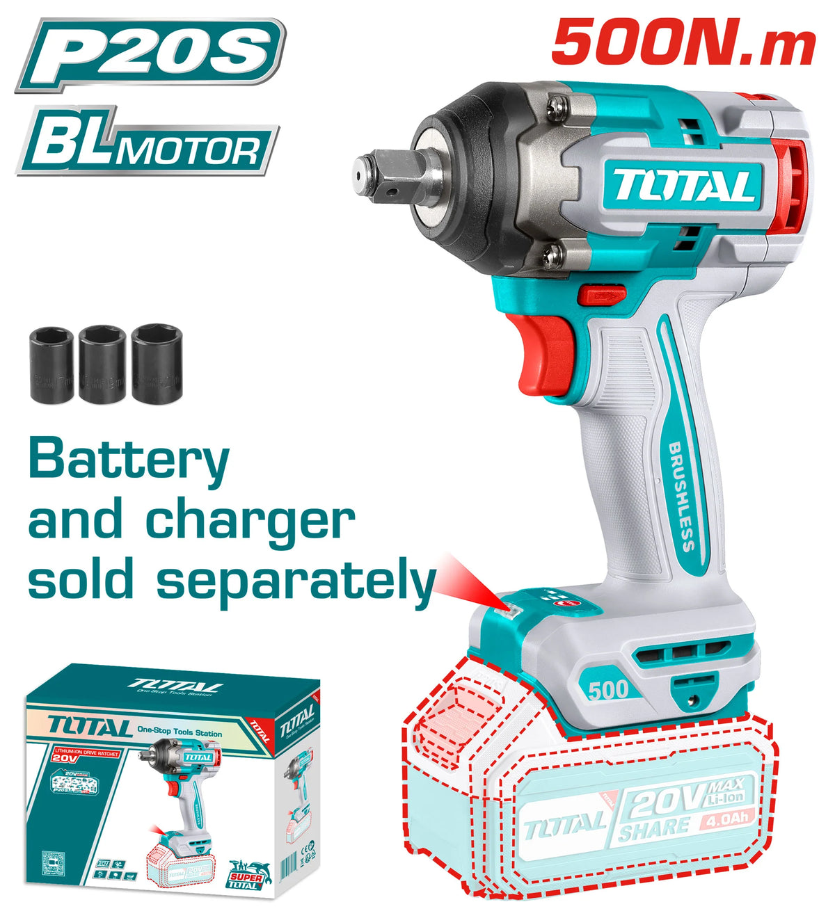 Total TIWLI20501 500Nm impact wrench with socket graphics; battery and charger sold separately