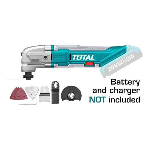 Total TMLI2022 cordless oscillating multi-tool shown with cutting and sanding accessories