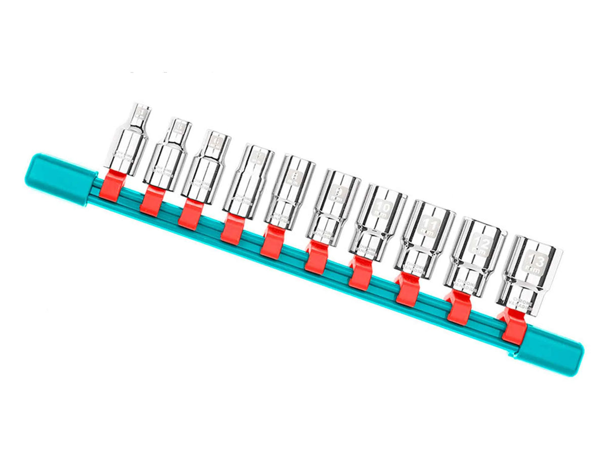 Total THT1411023 socket set arranged on a socket rail