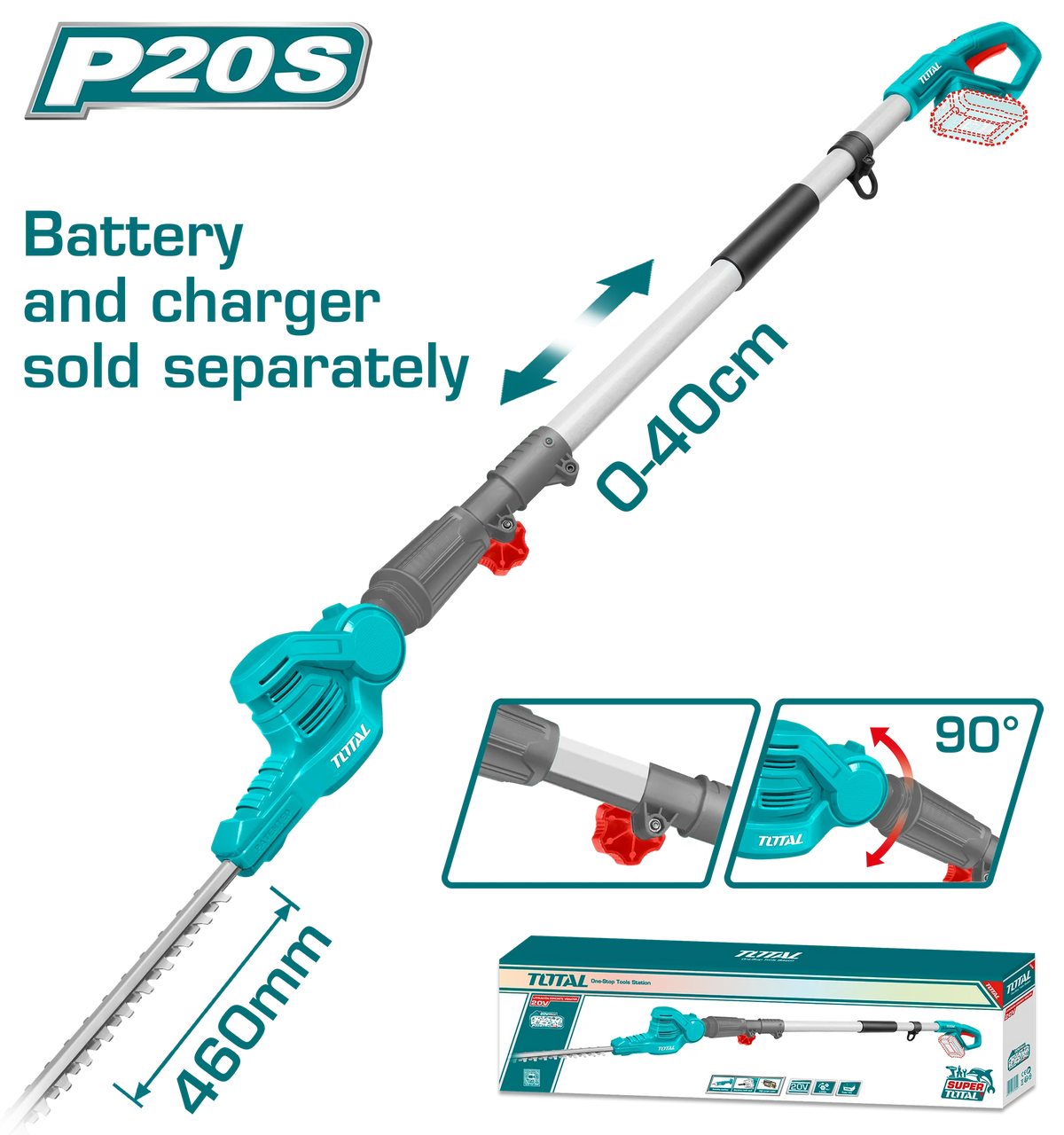 Total TPHT201601 cordless pole hedge trimmer with long shaft and adjustable cutting head