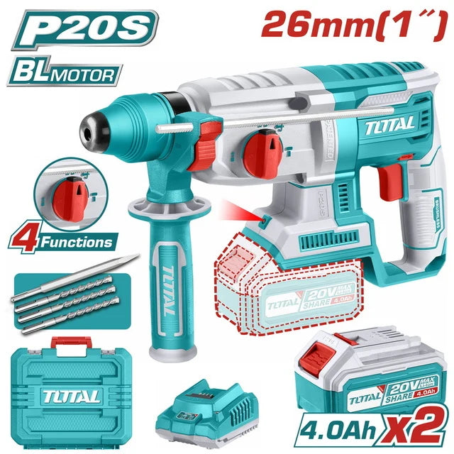 Total TRHLI202287 rotary hammer shown with two batteries, charger and case