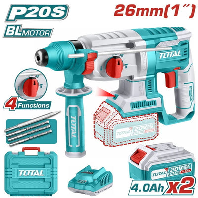 Total TRHLI202287 rotary hammer shown with two batteries, charger and case