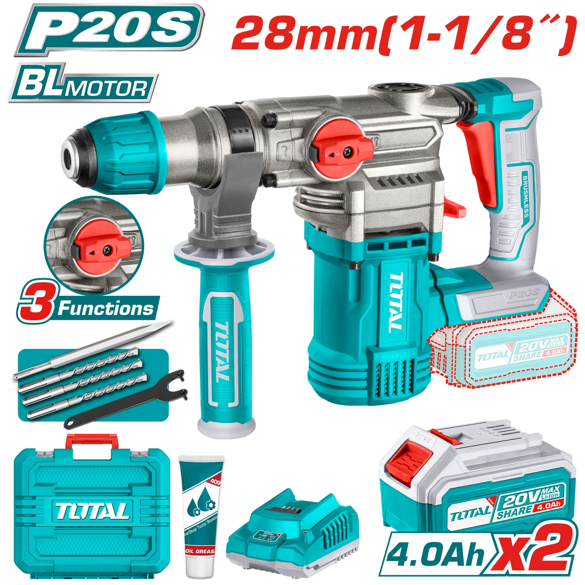 Total TRHLI202882 rotary hammer kit with two batteries, charger and storage case