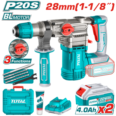 Total TRHLI202882 rotary hammer kit with two batteries, charger and storage case