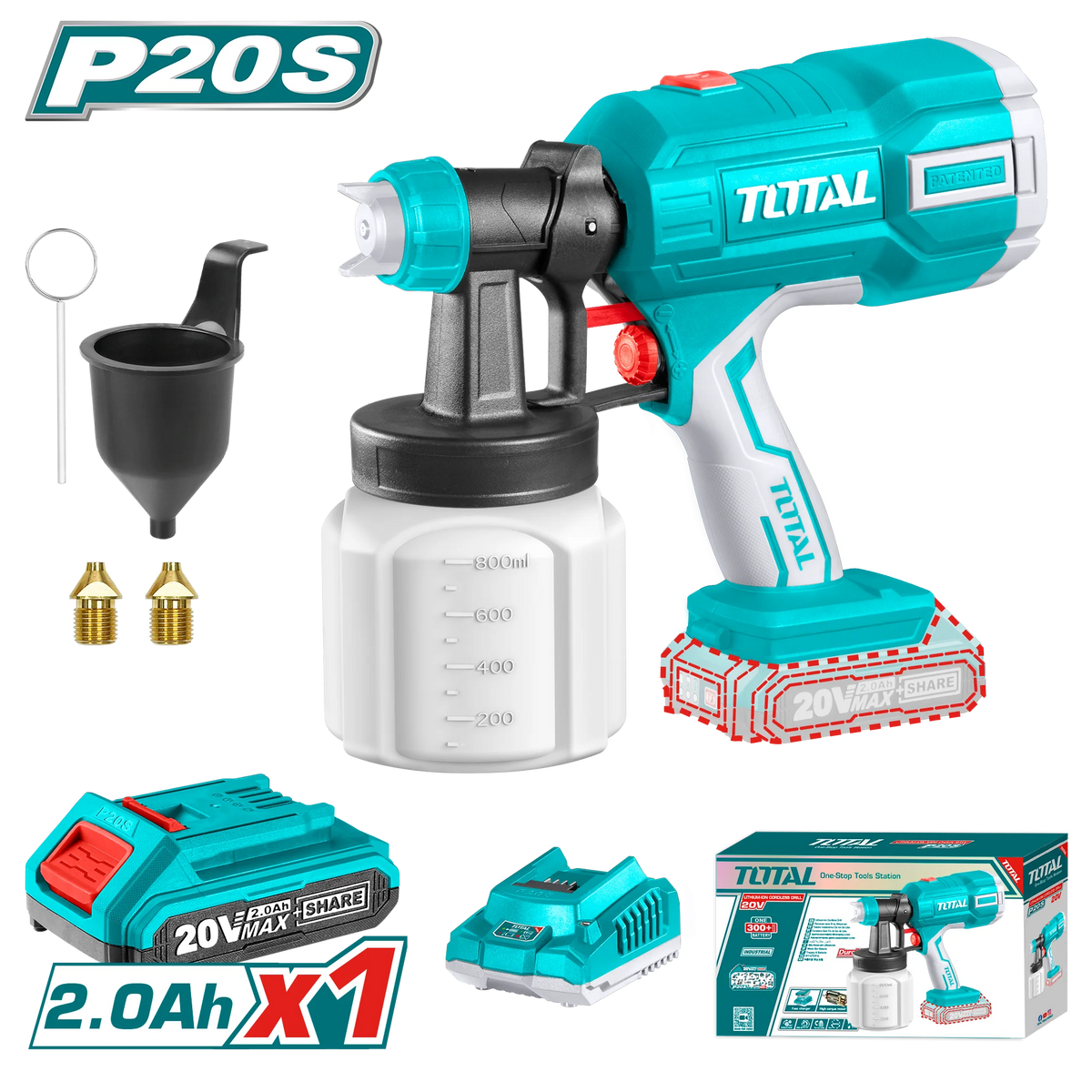 Total TSGLI20406 cordless paint spray gun with container, battery, charger and nozzle accessories