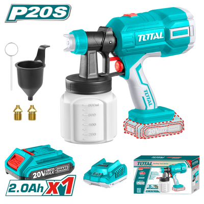 Total TSGLI20406 cordless paint spray gun with container, battery, charger and nozzle accessories
