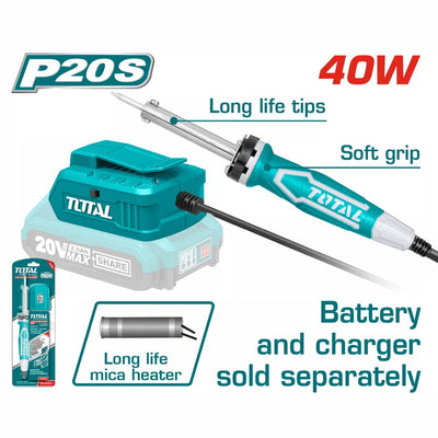 Total TSILI2001 40W soldering iron with precision tip and battery-mounted power base pictured
