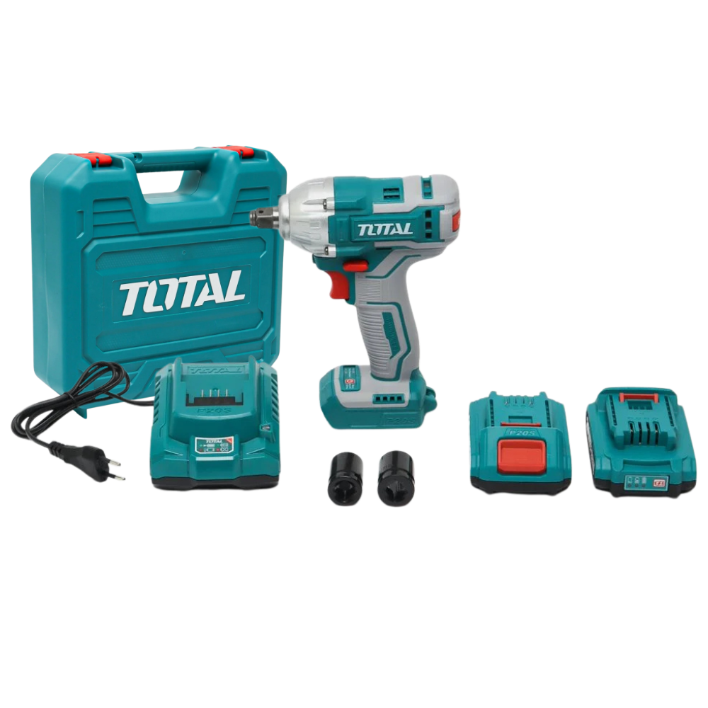 Total TIWLI2038 cordless impact wrench kit shown with batteries, charger, sockets and case