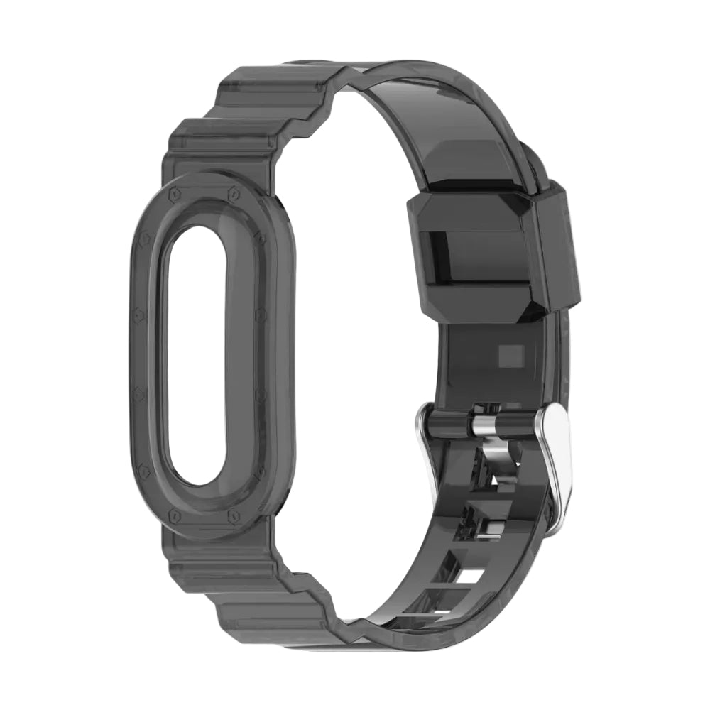 A dark gray translucent silicone replacement band for a fitness tracker or smartwatch, featuring a matching dark gray rectangular buckle with a silver metal tip.