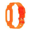 A bright translucent orange silicone watch band with a silver metal buckle, shown on a plain white background.