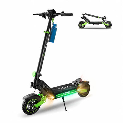 Black and green electric scooter with additional smaller scooter illustration on a white background