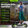 Woman riding a Vilo electric scooter with speed mode options displayed.