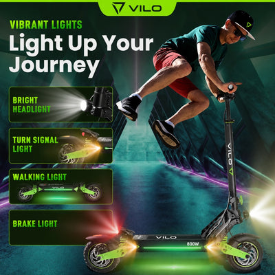 Person riding a scooter with vibrant lights on a dark background, featuring the VILO brand.