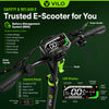 E-scooter handlebar with digital display and features highlighted on a green background