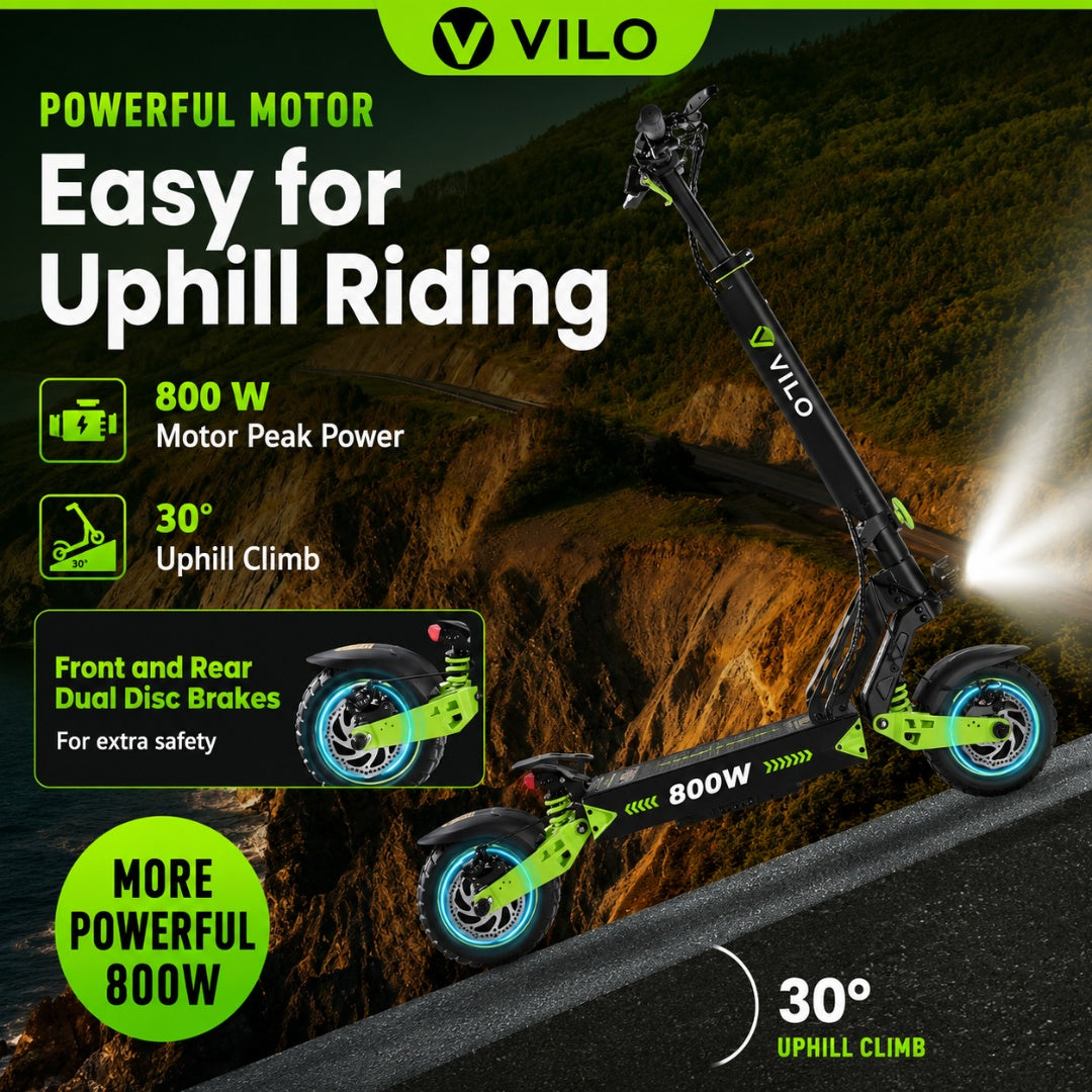 Electric scooter with features highlighted on a mountainous background, branded as VILO.