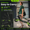 Man carrying a Vilo scooter with product features displayed on a dark background
