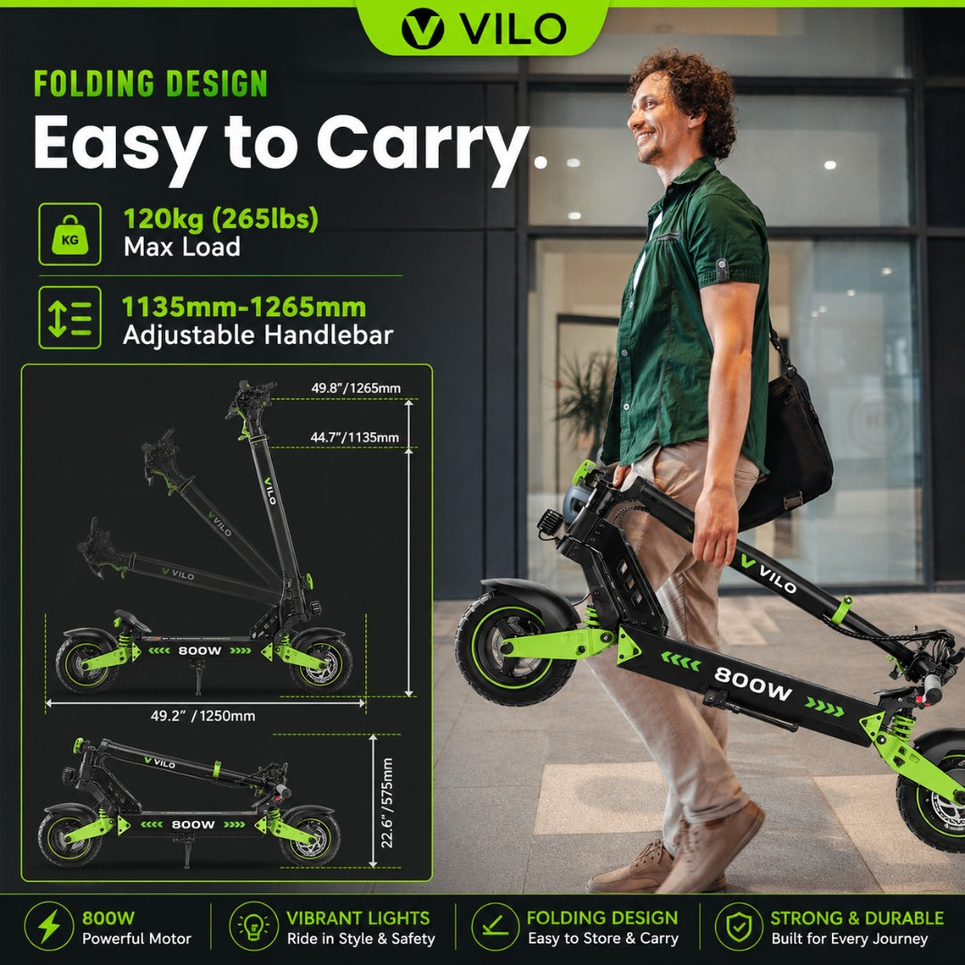 Man carrying a Vilo scooter with product features displayed on a dark background
