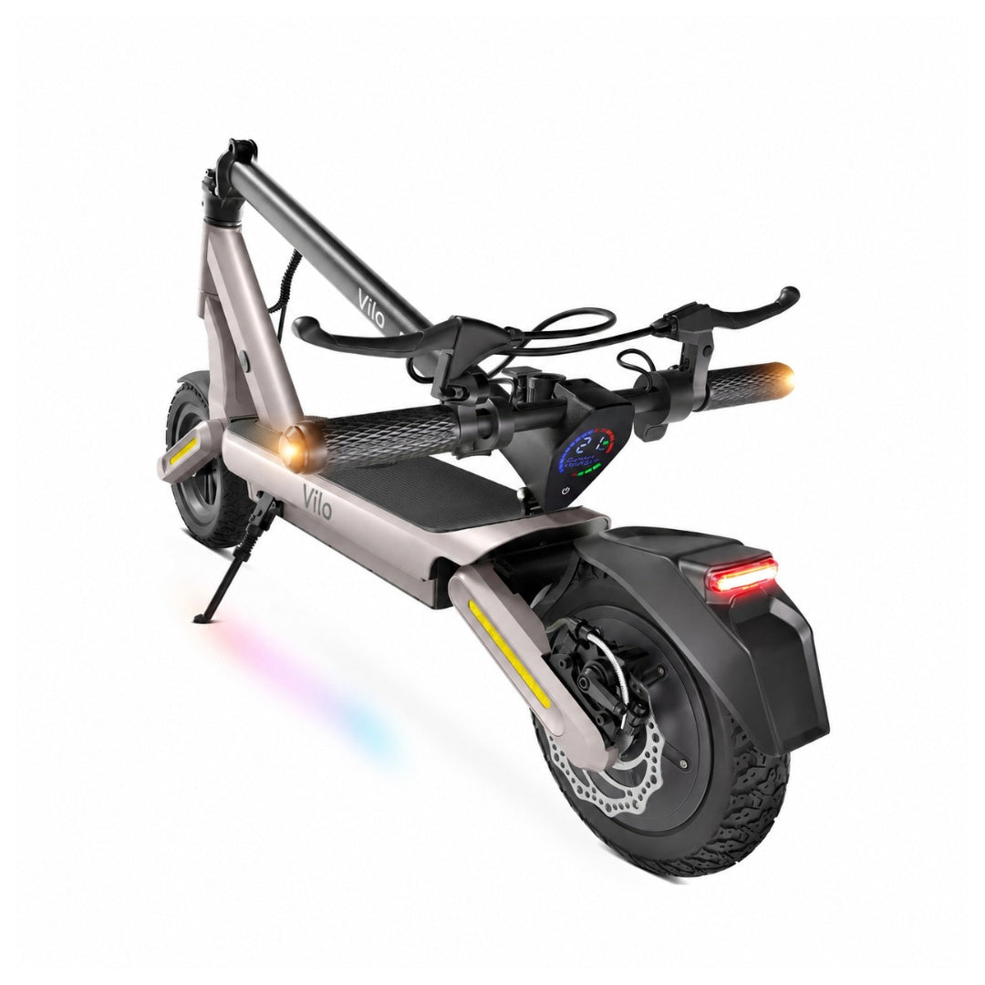 Silver electric scooter with visible branding on a white background
