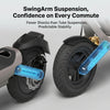 Close-up of a scooter's swingarm suspension with text highlighting its benefits on a gray background.