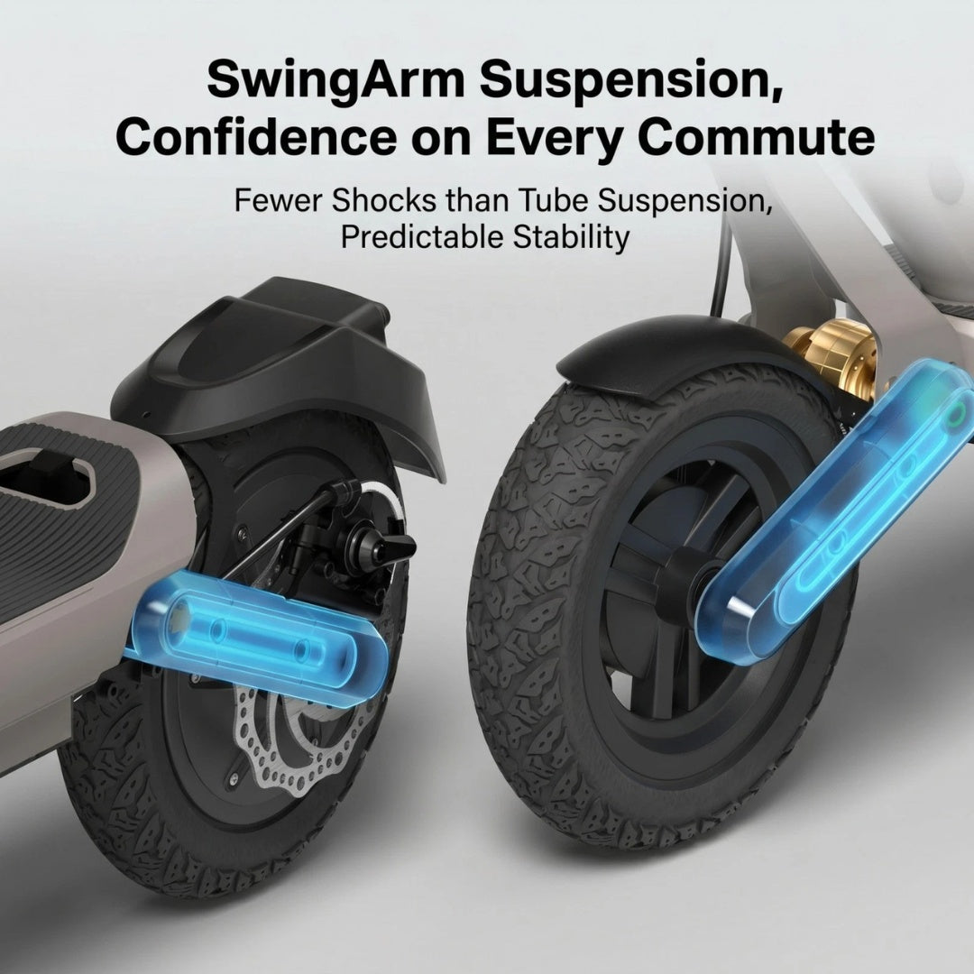 Close-up of a scooter's swingarm suspension with text highlighting its benefits on a gray background.