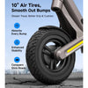 Close-up of a scooter wheel with text highlighting features on a blue background
