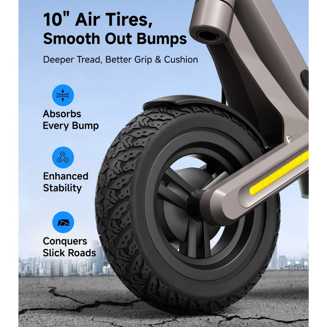 Close-up of a scooter wheel with text highlighting features on a blue background