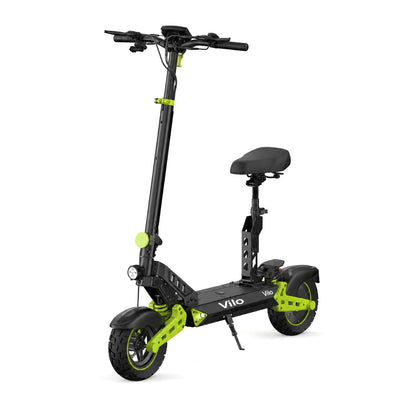Black and green electric scooter with a seat on a white background