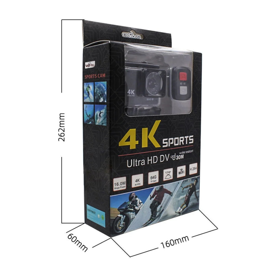 Boxed sports camera package labeled 4K Sports Ultra HD DV-r30m, shown on a white background with dimension lines indicating 262mm height, 160mm width, and 60mm depth.